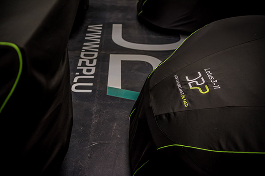 D2P logo on a Prestige Custom indoor car cover for a Lotus 3-11