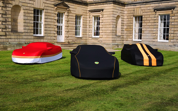 Bespoke vehicle covers displayed outdoors